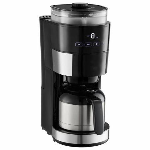8 Cup Drip Coffee Maker With Built In Burr Grinder And Three Brew Strengths Adjustable Grind Size Compatible With Whole Beans Or Ground Coffee For Real Deal Fresh Ground Flavor, in black with a stainless steel carafe.