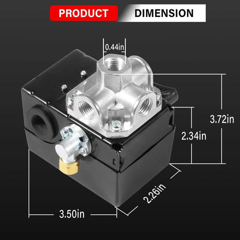 Two Stage Pressure Switch 135 175 PSI for Three Phase Air Compressor with Unloader, dimensions shown in inches.