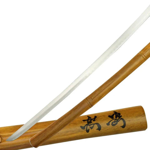 Stealth Action Ninja Katana Sword With Shirasaya Mount Rising Japanese Samurai Blade 38.5 Inch Overall showing wood handle with Kanji script