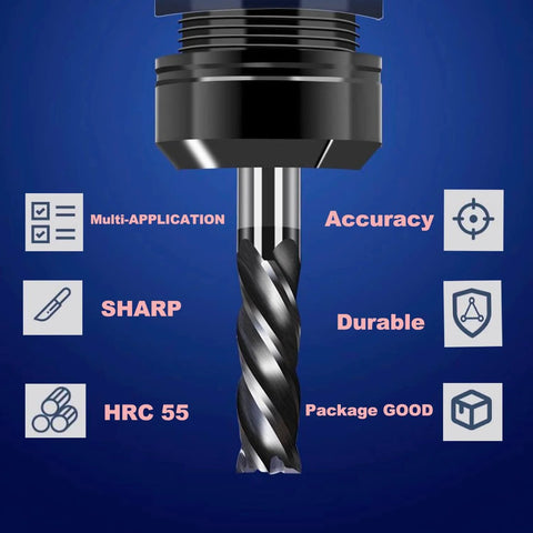 Close-up of 1/32 Inch Carbide Square End Mill Set With 4 Flute HRC 55 AlTiN Coated CNC Router Bits For Alloy Steels And Hardened Steels Pack Of 5 Heavy Duty Metalworking Milling Tools showcasing sharp and durable features.