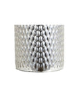Close-up of studded silver leaf base on the Isabella Studded Glass Table Lamp, 30-Inch Contemporary Glam Silver Leaf Base With White Linen Drum Shade, Perfect Bedroom Or Living Room Lighting, LED Bulb Included, ETL Listed, Totally Lit.