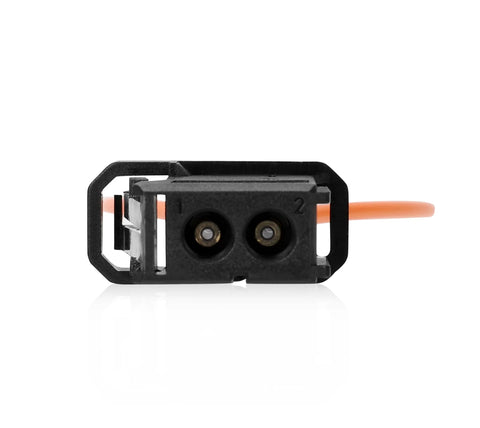 Front view: two-piece fiber optic bypass loop adapters, black plastic housing with orange cable