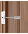 Gate Opener Kit With Universal Extension Spring Door Closer And Automatic Gate Lock Heavy Duty Aluminum Alloy Construction Soft Closing Action For Garden Screens And Fences No Fuss Install White Finish on wood door