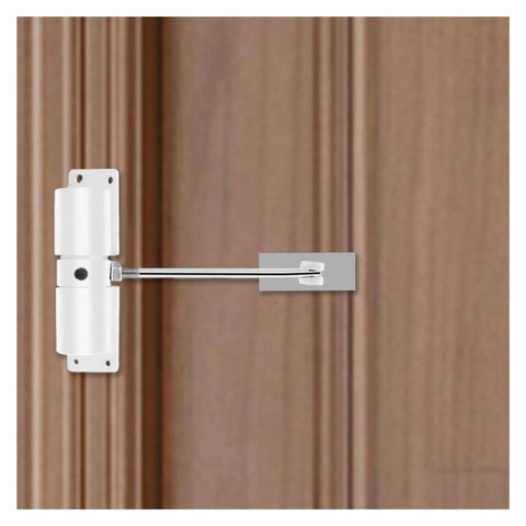 Gate Opener Kit With Universal Extension Spring Door Closer And Automatic Gate Lock Heavy Duty Aluminum Alloy Construction Soft Closing Action For Garden Screens And Fences No Fuss Install White Finish on wood door