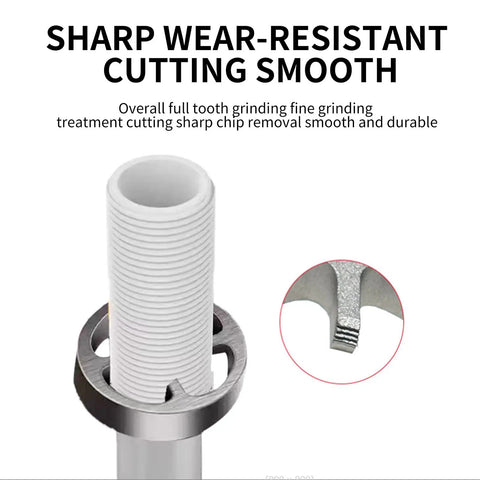 Electric Drill PVC Pipe Threader Kit With Internal And External Threading For One Half Inch Three Quarter Inch And One Inch NPT Pipes Works With Any Drill For Quick Easy Pipe Threading On The Job, showing threading detail and cutter close-up.