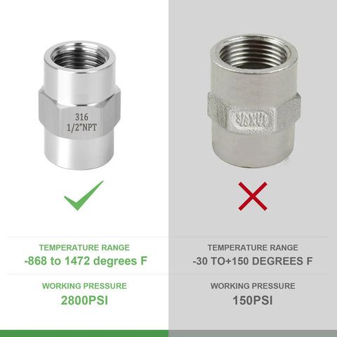 Comparison of 5 Pack Forged 316L Stainless Steel Pipe Fittings Couplings 1/2 Inch NPT Female X 1/2 Inch NPT Female and regular coupling.
