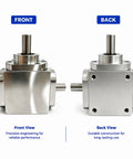Front and back view of 90 Degree Right Angle Bevel Gearbox with 1 to 1 Drive for DIY Projects at Home, Eight Millimeter Output Shafts