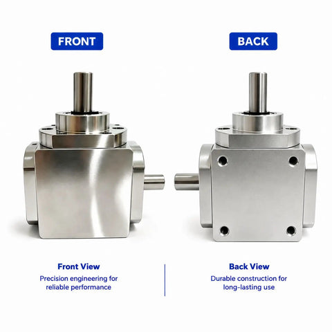 Front and back view of 90 Degree Right Angle Bevel Gearbox with 1 to 1 Drive for DIY Projects at Home, Eight Millimeter Output Shafts