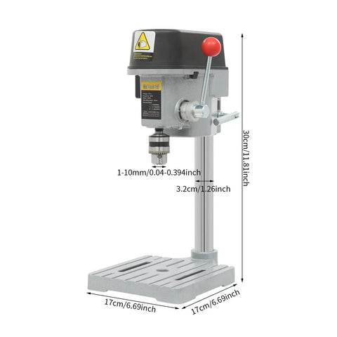 Solid Cast Iron Mini Benchtop Drill Press 340W 110V Portable Electric Power Tool with adjustable depth and wide base.