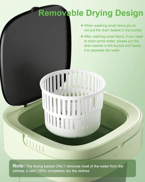 Removable drying basket in Game Changing Foldable Portable Mini Washing Machine With Sixteen Liter Capacity and Three Deep Wash Modes.