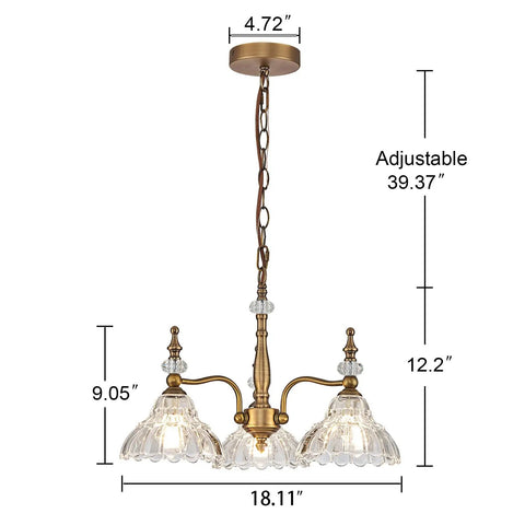 3 Light Modern Pendant Chandelier Ceiling Lamp With Glass Shade For Dining Room Kitchen Entryway Living Room Bedroom Foyer American Style Luxury Lighting Fixture shown with adjustable brass chain and glass shades.