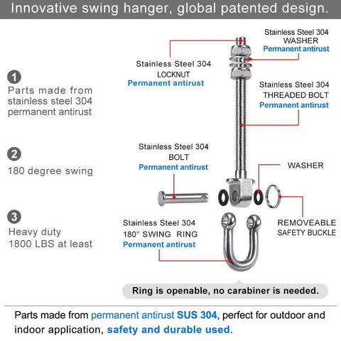 Rugged Heavy Duty Swing Mount Hardware Handles Insane Loads Without Playing Around For Porch Swings Yoga Hammocks and Punching Bags On Wood Or Steel Beams: stainless steel 304 components for 180-degree swings.