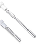 Twelve Pack Window Screen Plunger Latches With Aluminum Pins And White Caps One Point Five Inch Length, silver spring and white cap detail.