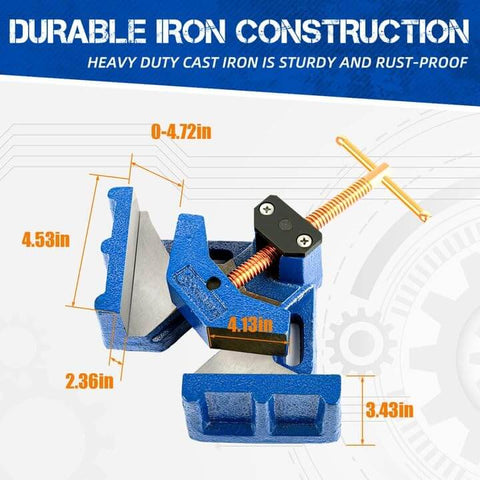 Diagram of Heavy Duty Ductile Iron Welding Angle Clamp with 4.72 inch opening, 2.36 inch jaw depth, powder coated for rust resistance.