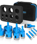 Front view of a diamond hole saw drill bit set, 11 blue brazed core bits with diamond grit, includes guide and case