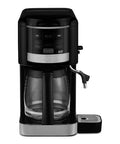12 Cup Programmable Coffee Maker And Hot Water System With 24 Hour Programmability Self Clean Function One To Four Cup Setting Auto Shutoff Up To Four Hours No Fuss Keep Warm Temperature Brew Pause Gold Tone Permanent Filter Easy To Use shown from front view