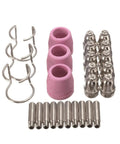 60 Amp Plasma Cutting Consumables Kit With Torch Electrode And Nozzle Set For AG60 CUT60 Systems Copper Nozzles And Electrodes Replacement Pack For Easy Pro Grade Durable Metalworking Cuts And Quick Field Service, shown with nozzles, electrodes, cups, and guide rings