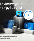SmartSolar MPPT Charge Controller 150V 60A, solar panel, and battery display