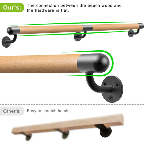 Rock Solid 80 Inch Real Wood Indoor Stairs Handrail Wall Mount Safety Rail With Heavy Duty Metal Brackets, showing beech wood and flat hardware connection.