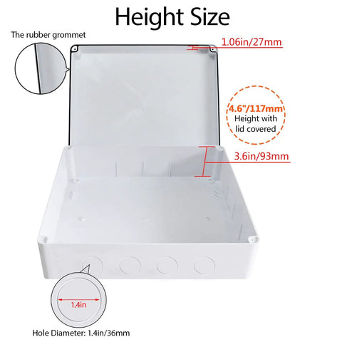 Open Beefy Weatherproof Outdoor Junction Box For Electronics IP65 Dustproof ABS Plastic Enclosure showing dimensions and height.
