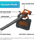 Cordless Leaf Blower Vacuum Mulcher Combo Kit With 40V Battery And Charger Included 120 MPH Air Speed 6 Speed Dial Built In Scraper Collection Bag Converts Easily From Blower To Vacuum For No Hassle Cleanup in vacuum mode with soft-grip handle and lightweight design.