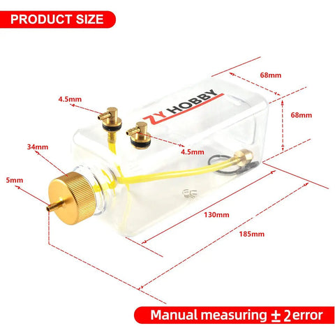 Dimensions of 700ml RC Gas Fuel Tank for RC Airplanes, Clear Plastic Bottle With Metal Cap, Plug And Play Easy Install, Built Tough Inlet And Outlet.