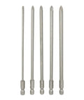5 Piece Long Screwdriver Bits Set With Strong Magnetic Hold And Extra Tough Alloy Steel Construction For Electric Drill Driver Manual Use Featuring 1/4 Inch Hex Shank PH1 And PH2 Tips For Super Fast High Torque Fastener Jobs That Rock. Five 150mm alloy steel Phillips bits shown