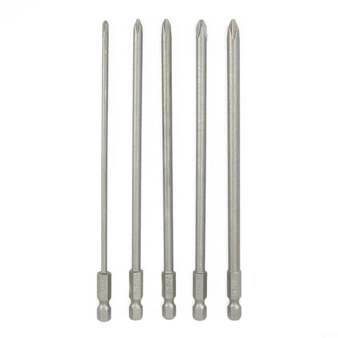 5 Piece Long Screwdriver Bits Set With Strong Magnetic Hold And Extra Tough Alloy Steel Construction For Electric Drill Driver Manual Use Featuring 1/4 Inch Hex Shank PH1 And PH2 Tips For Super Fast High Torque Fastener Jobs That Rock. Five 150mm alloy steel Phillips bits shown