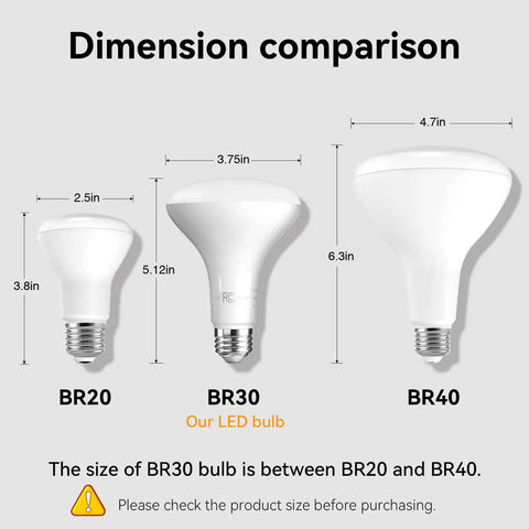 Dimension comparison of BR20, BR30, and BR40 bulbs showcasing size differences for 12 Pack Br30 Flood Light Bulbs For Indoor Recessed Fixtures Soft White 2700K.