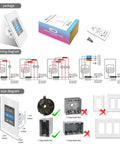 Packaging and diagrams of Smart Light Switch 1 2 3 Gang 3 Way For Whole House With LCD Panel And WiFi Mesh Never Offline Two Point Four Gigahertz WiFi Works With Alexa And Google Home Neutral Wire Required White