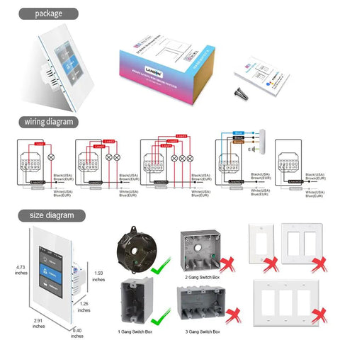 Packaging and diagrams of Smart Light Switch 1 2 3 Gang 3 Way For Whole House With LCD Panel And WiFi Mesh Never Offline Two Point Four Gigahertz WiFi Works With Alexa And Google Home Neutral Wire Required White