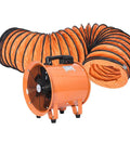 12 Inch High Velocity Blower Fan With 550W Motor And 16Ft Duct Hose in orange, used for ventilation and dust control at job sites.