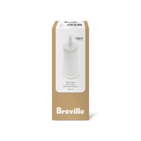 Front view of Breville BES008 water filter box; white cylindrical filter with a top knob; Breville and Claro Swiss logos visible.
