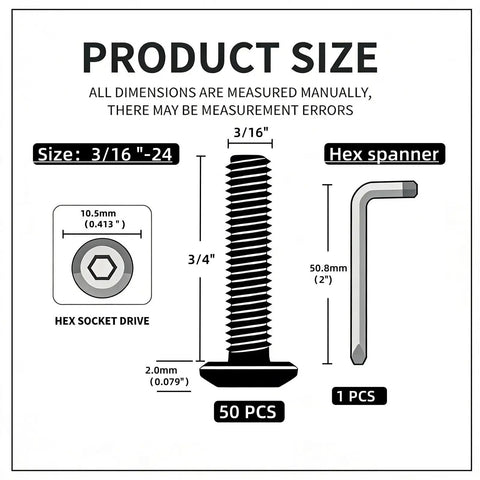 Tough As Nails 304 Stainless Steel Flat Head Hex Socket Cap Screws, 3/16 X 3/4 Inch, 50 Pack dimensions diagram.