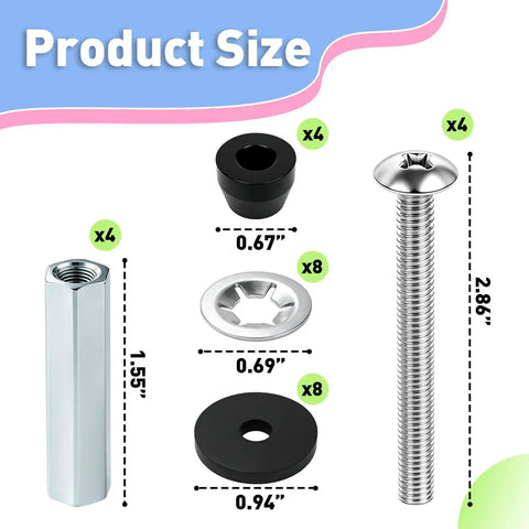 Get Ready For A Solid Fix With These Four Sets Of Heavy Duty Universal Toilet Seat Bolts Featuring 3 Inch 304 Stainless Steel Construction That Stops Leaks And Prevents Rust For A Super Durable And Leak Free Restroom Repair Job. product size diagram with 3 inch bolt and hardware parts