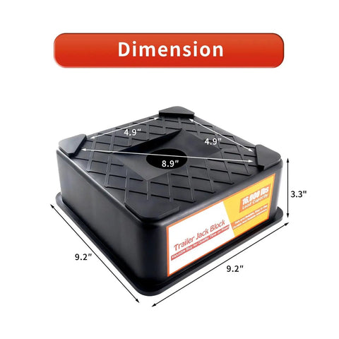 Beefy 3.3 Inch Height Trailer Jack Block For RV Camper Leveling, supports up to 16,000 lbs, 9.2 by 9.2 inch base shown with dimensions.