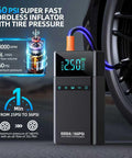 All-In-One Portable Car Jump Starter With Air Compressor, digital pressure display and connected to tire, 160 PSI, 6000A.