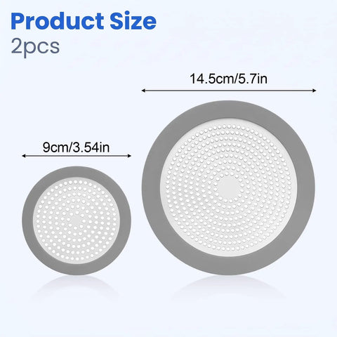 Amaxiu 2Pcs Shower Drain Hair Catcher, 3.54in/5.7in Shower Drain Cover in gray, showing size dimensions of both pieces.