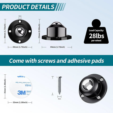 Self Adhesive Caster Wheels 1 Inch For Furniture And Kitchen Appliances Stainless Steel Swivel Anti Rust Universal Wheel For Bucket Storage Bins 28 Lbs Load Capacity Per Roller 4 Pack, shown with dimensions, screws, and adhesive pads.