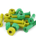 Green and yellow skateboard hardware bolts and nuts, 1 inch Phillips head for deck assembly and truck tightening, durable steel.