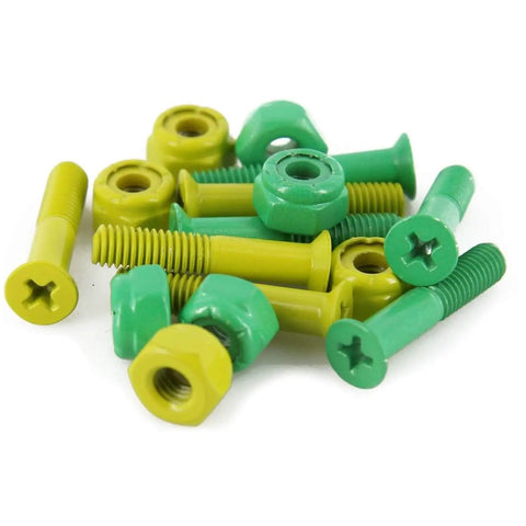 Green and yellow skateboard hardware bolts and nuts, 1 inch Phillips head for deck assembly and truck tightening, durable steel.