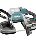 Rugged 40V Max Brushless Portable Band Saw Delivers Badass Cuts Through Four Inch Steel Pipe And Square Tube With Lock On Switch Electric Brake And Bright Twin Led Job Lights, showing a close-up view of the saw's body and blade.