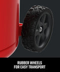 Heavy Duty 12 Gallon Air Compressor Powers Up Silky Quiet with rubber wheels for easy transport and mobility.