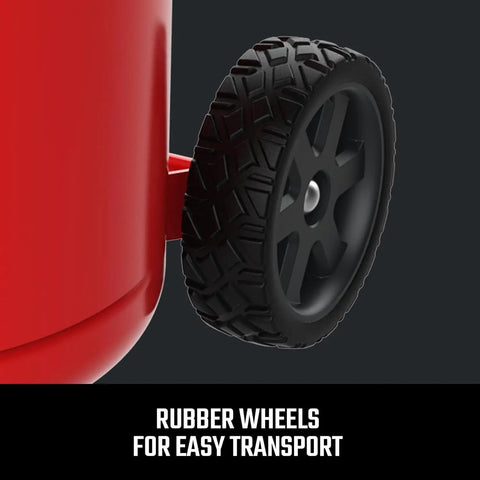 Heavy Duty 12 Gallon Air Compressor Powers Up Silky Quiet with rubber wheels for easy transport and mobility.