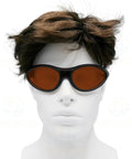 Top Shelf Professional Laser Safety Glasses With OD 8 Plus Tough Eye Protection For Blue Red And Green Lasers Covering 190Nm To 1100Nm Wavelengths With Sweet UV Blocking Coating And Snazzy Frame displayed on a mannequin head with brown hair.