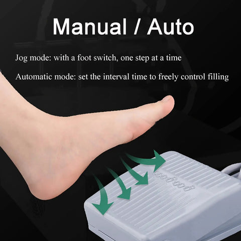 Foot controlling manual and auto filling mode of High Performance Double Head Peristaltic Pump Liquid Filling Machine.