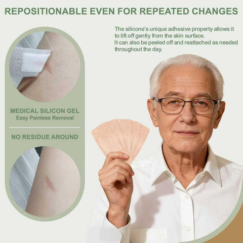 Elderly man holding Silicone Adhesive Bandages For Fragile Skin 2x4 Inch XL Pack Of 20 with skin-friendly silicone adhesive.