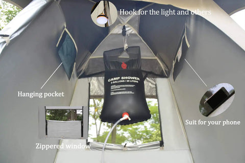Interior of All In One Portable Outdoor Shower Tent Changing Room Privacy Shelter with hanging pocket and zippered window.