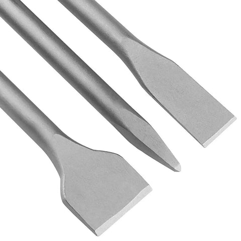 Six Piece SDS Plus Concrete Drill Bit Set With Point Chisel And Flat Chisels For Rotary Hammer Drills 20 Mm And 40 Mm Heavy Duty 40RC Steel Construction Built For Real Jobs, showing tips of three chisels.