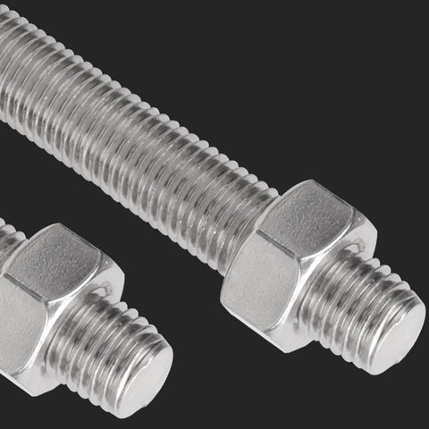 Close-up of steel bolts with a threaded design for Hardcore Adjustable Furniture Leveler Legs With Thick Rubber Mounts For Workbench And Pool Table Zero Hassle Screw Install.